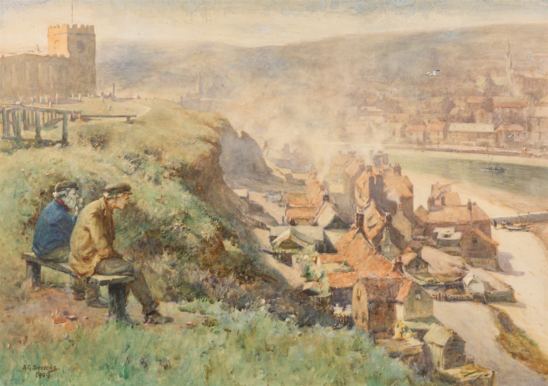 Albert George Stevens (Staithes Group 1863-1925): Fishermen overlooking The Haven Under the Hill - Whitby, watercolour signed and dated 1909, 51cm x 72cm 
Provenance: private collection, purchased David Duggleby Ltd 16th March 2015 Lot 170; Phillips Leeds 2nd May 1990 Lot 102