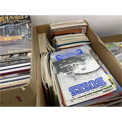 Collection of bus related magazines dating from the 1960s and later, to include Buses Illustrated Magazine, by Ian Allen, Bus & Coach Preservation magazine, Bus Fayre magazine, together with books relating to trans, railway interest etc in six boxes