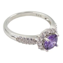 Silver amethyst and cubic zirconia cluster ring, stamped 925 