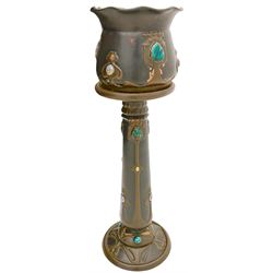 Early 20th century Bretby Art Nouveau Jardinière and stand, with applied cabochon detail, each with impressed mark beneath, jardinière H22.5cm D28cm, overall including stand H94.5cm