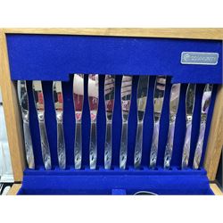 Silver mounted glass cruet set, Hallmark Walker & Hall, together with silver plate cased canteen, tea set etc