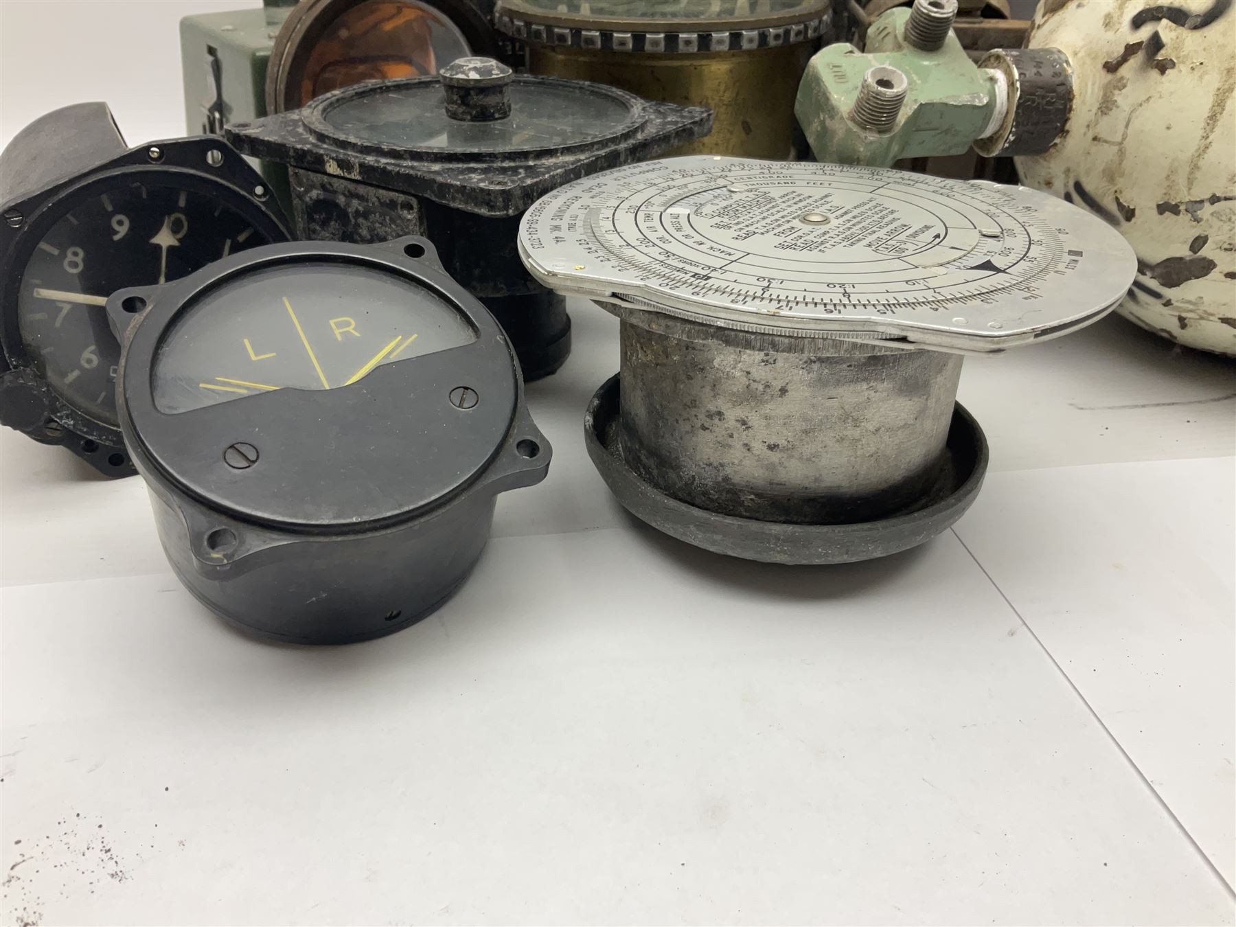 Three RAF light switches, together with military oxygen canister, batteries, gages etc  