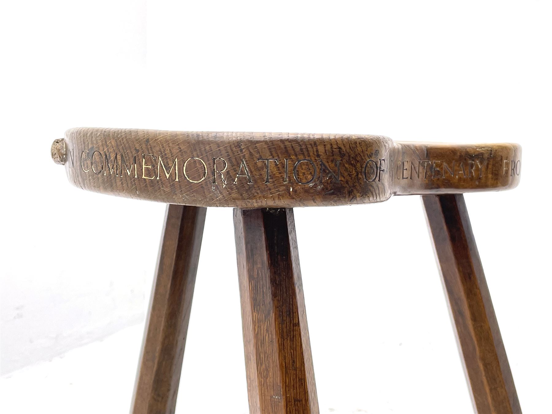 'Mouseman' early 1960s oak stool, dished kidney shaped seat inscribed on edge 
