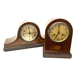 Edwardian inlaid mahogany arch top mantel clock H30cm, along with a inlaid hat top mantel clock H30cm
