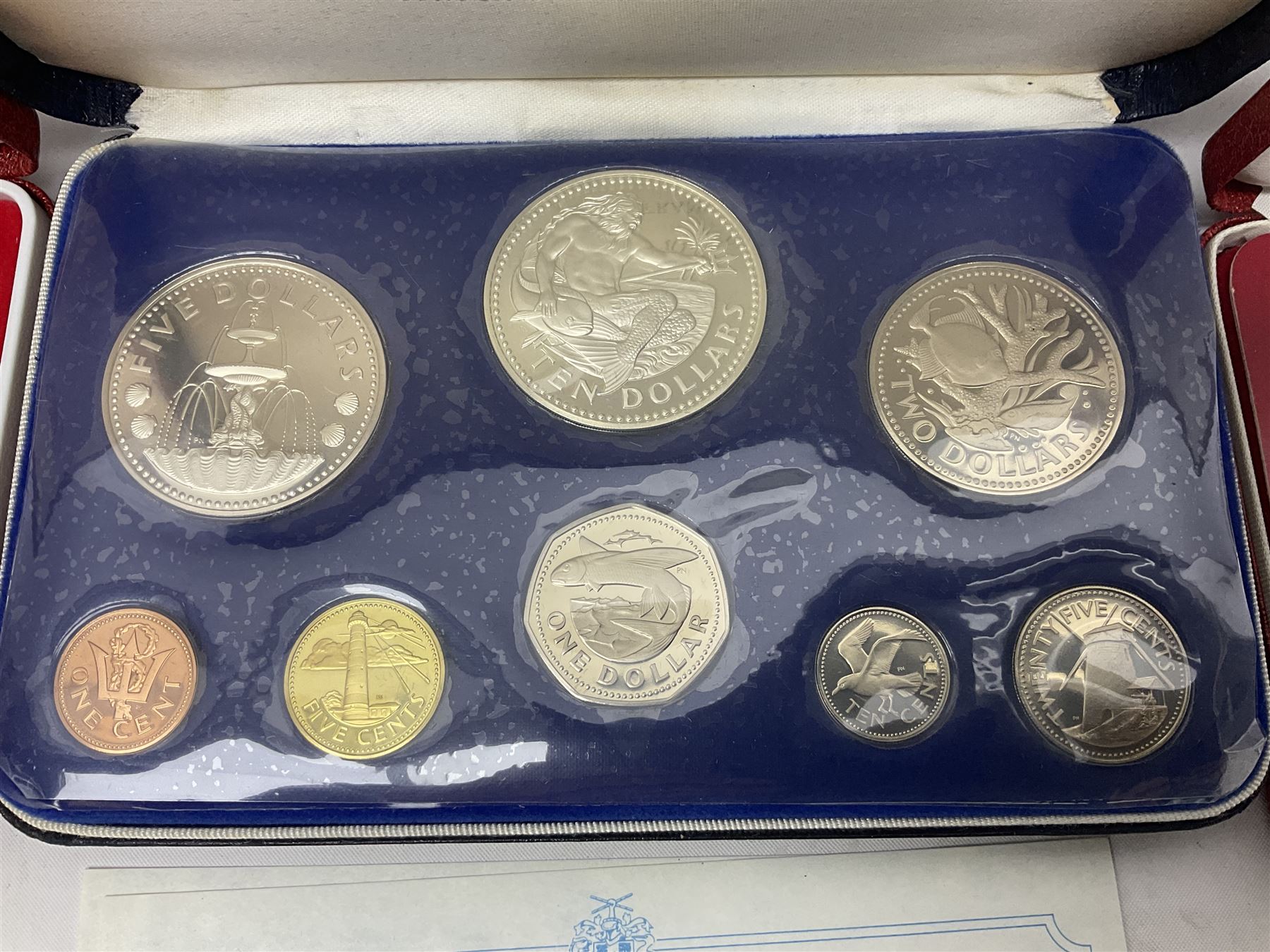 First National Coinage of Barbados 1973 proof eight coin set, from ten dollars to one cent, the ten dollar coin minted in sterling silver, the five dollar coin minted in 800 silver, and a Barbados 1974 proof eight coin set, both minted at The Franklin Mint, cased with certificates; two Republic of Malta decimal proof coin sets, dated 1978 and 1979, the 1979 one pound coin minted in sterling silver, both minted at The Franklin Mint, cased with certificates; Cayman Islands 1973 proof eight coin set, minted at the Royal Canadian Mint, cased; and a Cayman Islands 1979 proof eight coin set, the five dollar to fifty cents coins each minted in sterling silver, minted at the Franklin Mint, cased with certificate (6)