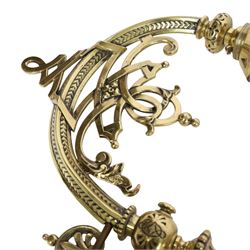 Pair of 19th century brass wall sconces, the articulated curved arms leading to single socket fitting detailed with entwined strapwork, Victorian diamond mark H24cm D28cm