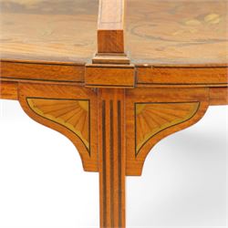 Edwardian inlaid satinwood etagere, removable tray top with glass base and brass carrying handles, two graduating tiers each inlaid with central oval panel depicting lute and flute with manuscript, enclosed within a scrolling acanthus leaf border, on square tapering supports with splayed feet, decorated with shaped and fan inlaid corner brackets, united by curved X-framed stretchers 