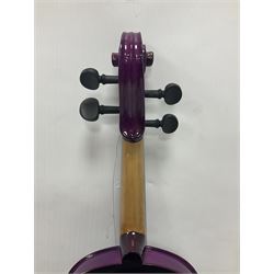 Intermusic 3/4 violin with a violet coloured solid wood body, ebonised fingerboard and fittings, bow and hard case, length 54cm
