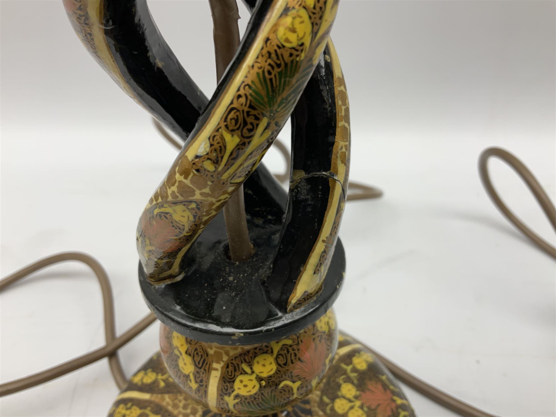  Kashmiri papier mache table lamp, open spiral twist column decorated with flowers, on a turned base,  H43cm