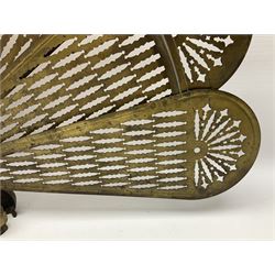 Pierced brass peacock style folding fire screen, with urn finial, H65.5cm