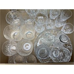 Quantity of glassware to include Mats Jonasson koala paperweight, set of six Stuart drinking glasses, seven green wine glasses with ovoid bowls, decanter, brass lamp etc