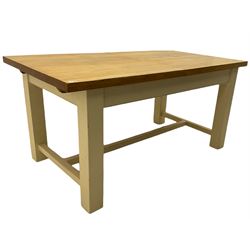 Solid oak and painted pine rectangular dining table, extending with additional centre leaf