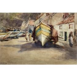 Robert Jobling (Staithes Group 1841-1923): Young Girls and Cobles on Seaton Garth - Staithes, watercolour signed 25cm x 37cm