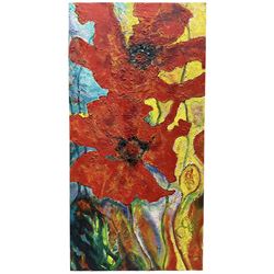 Ann Lamb (British 1955-): 'Poppy Power', mixed media on canvas signed 80cm x 41cm (unframed)