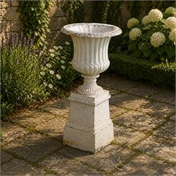 Victorian design white painted cast aluminium garden urn on plinth, fluted bowl on squat p...