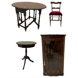 Mahogany corner display cabinet, upholstered bedroom chair, oak drop leaf table and reproduction green leather topped occasional table with small drawer 