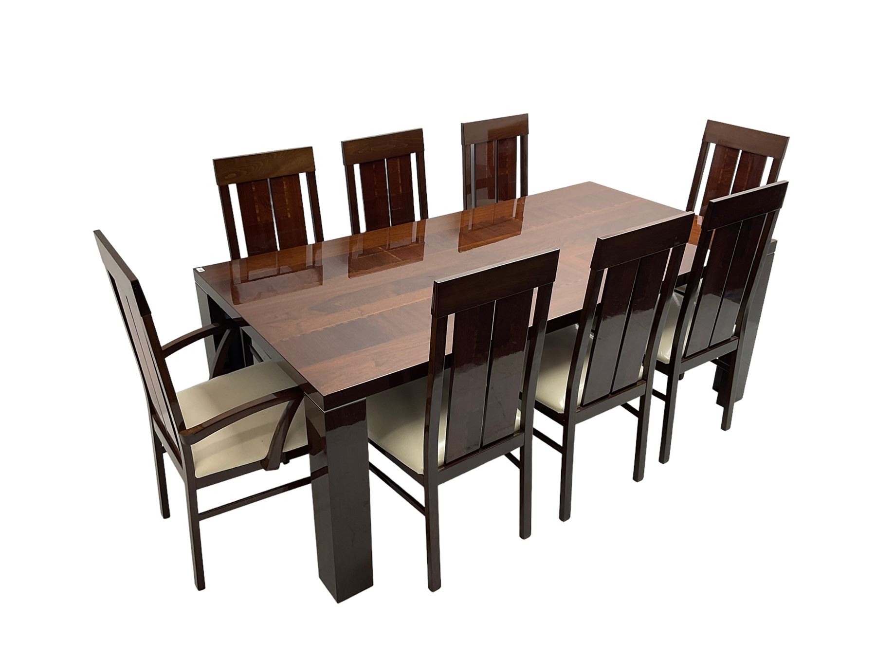 Large American walnut rectangular dining table on square block supports, together with set eight high back dining chairs with cream upholstered seats, the top and chair backs with matching inlaid geometric banding