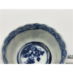 18th century Chinese blue and white Kangxi teacup and saucer, decorated with dancing figures, four character Kangxi mark beneath, saucer D10cm