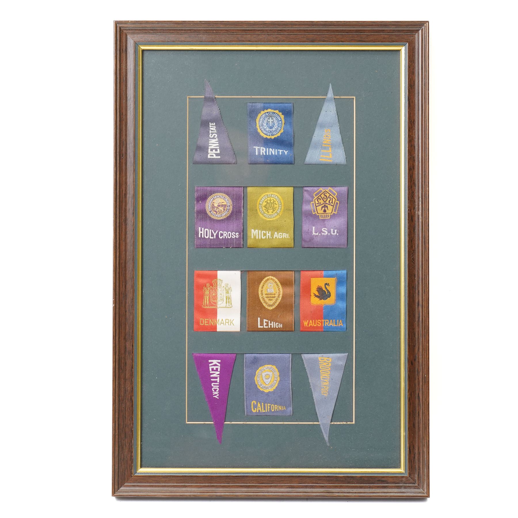 Set of sixty American University cigarette silks in four frames