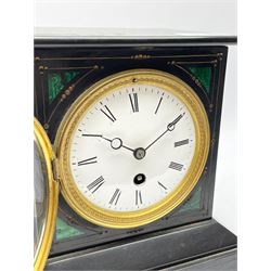 Victorian black slate mantel clock timepiece, the case with engraved and gilt decoration and inlaid with malachite, circular enamel Roman dial, single train driven movement