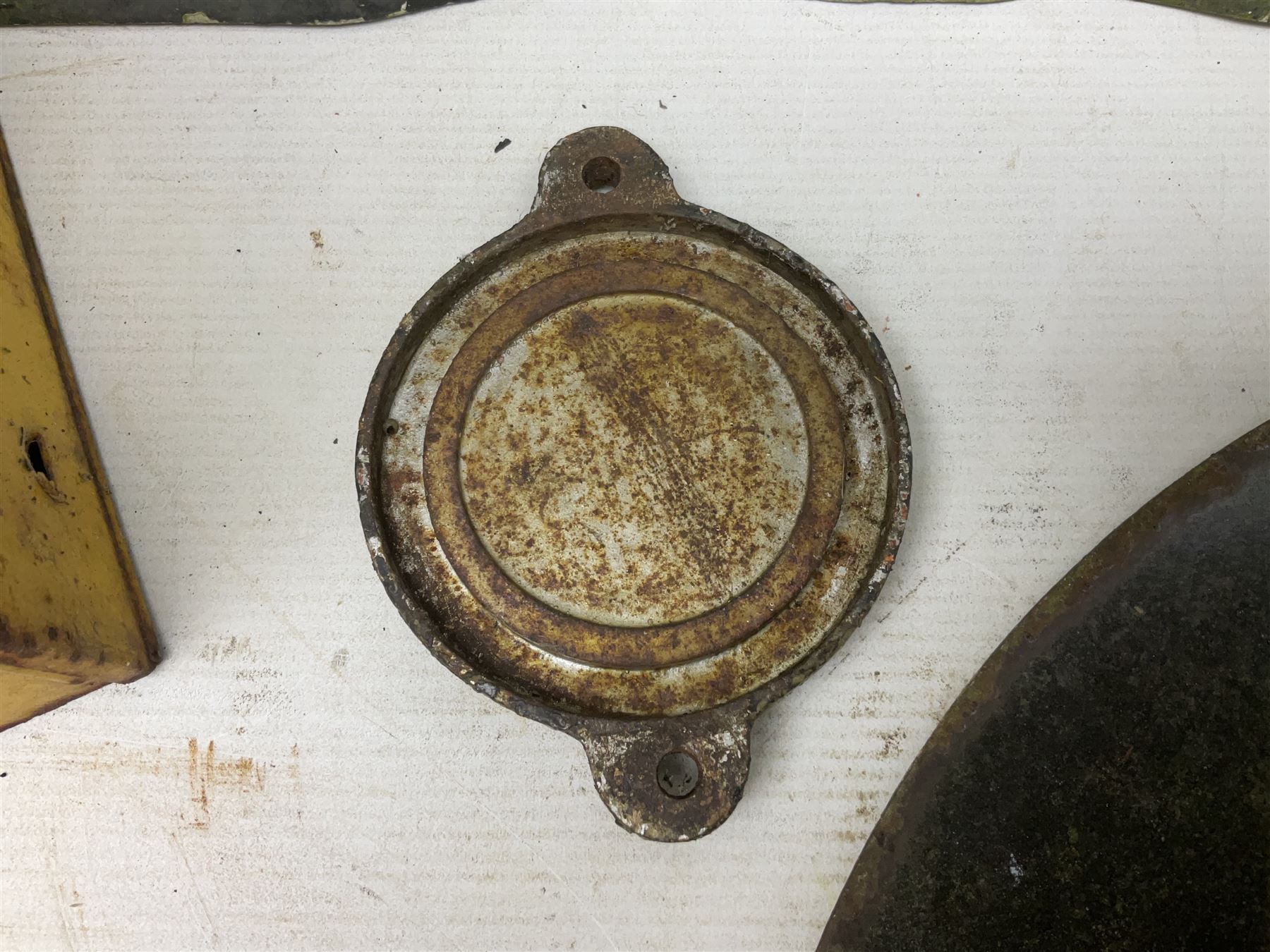 Victorian cast iron railway wagon plate, 'To Carry 10 Tons 4012, Registered by LNER-D 1898', together with a similar mid 20th century example, a smaller cast iron LMS wagon plate, Chalwyn signalling lamp, Give Way to Trains enamel sign and an enamel signal sign