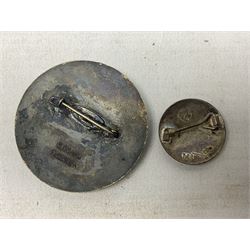 WW2 German NSDAP Party members enamel pin badge by RZM numbered M1/90; and 1936 XI Olympiade Berlin enamel badge by H. Osang, Dresden (2)