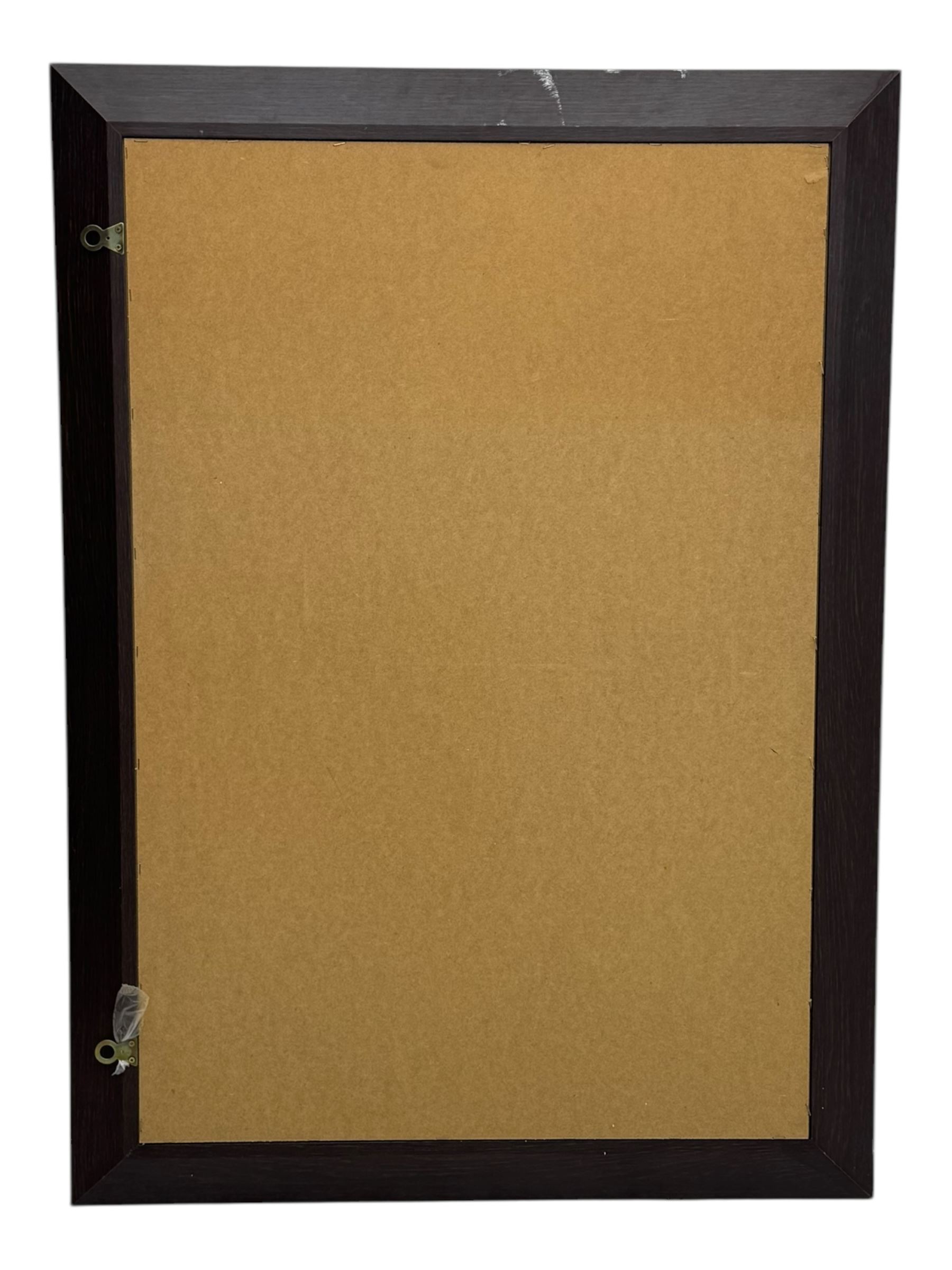 Contemporary dark-stained rectangular wall mirror, wide bevelled wooden frame with a smooth finish and mitred corners, backed with a plain board fitted with hanging loops