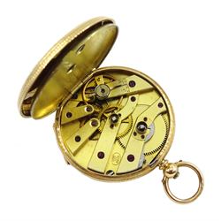 Swiss 18ct gold open face ladies key wound cylinder fob watch, gilt dial with Roman numerals, engine turned and engraved back case with cartouche, hallmarked