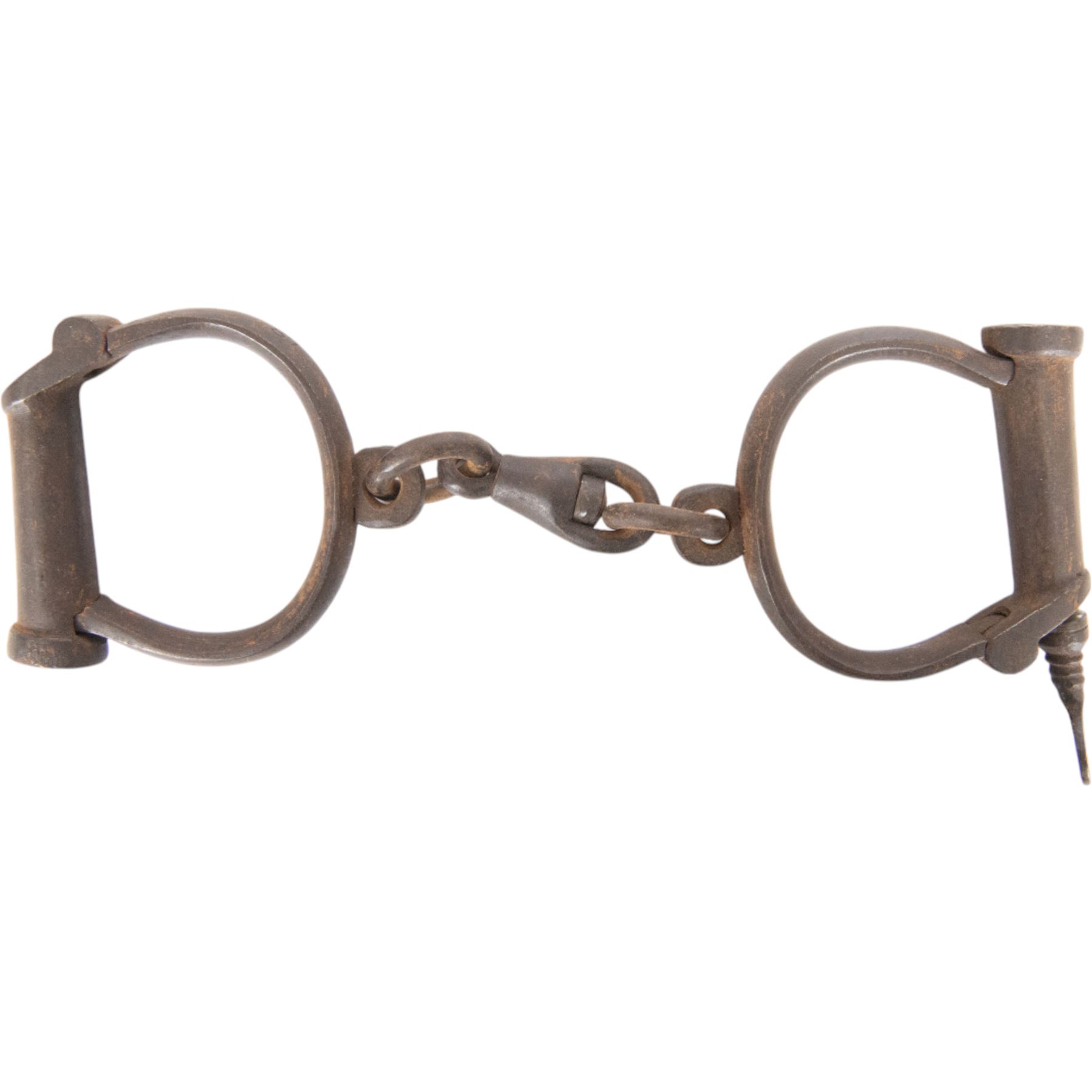 Set of No.8 Hiatt warranted wrought police handcuffs with key, together with another set of shackles, marked hard 