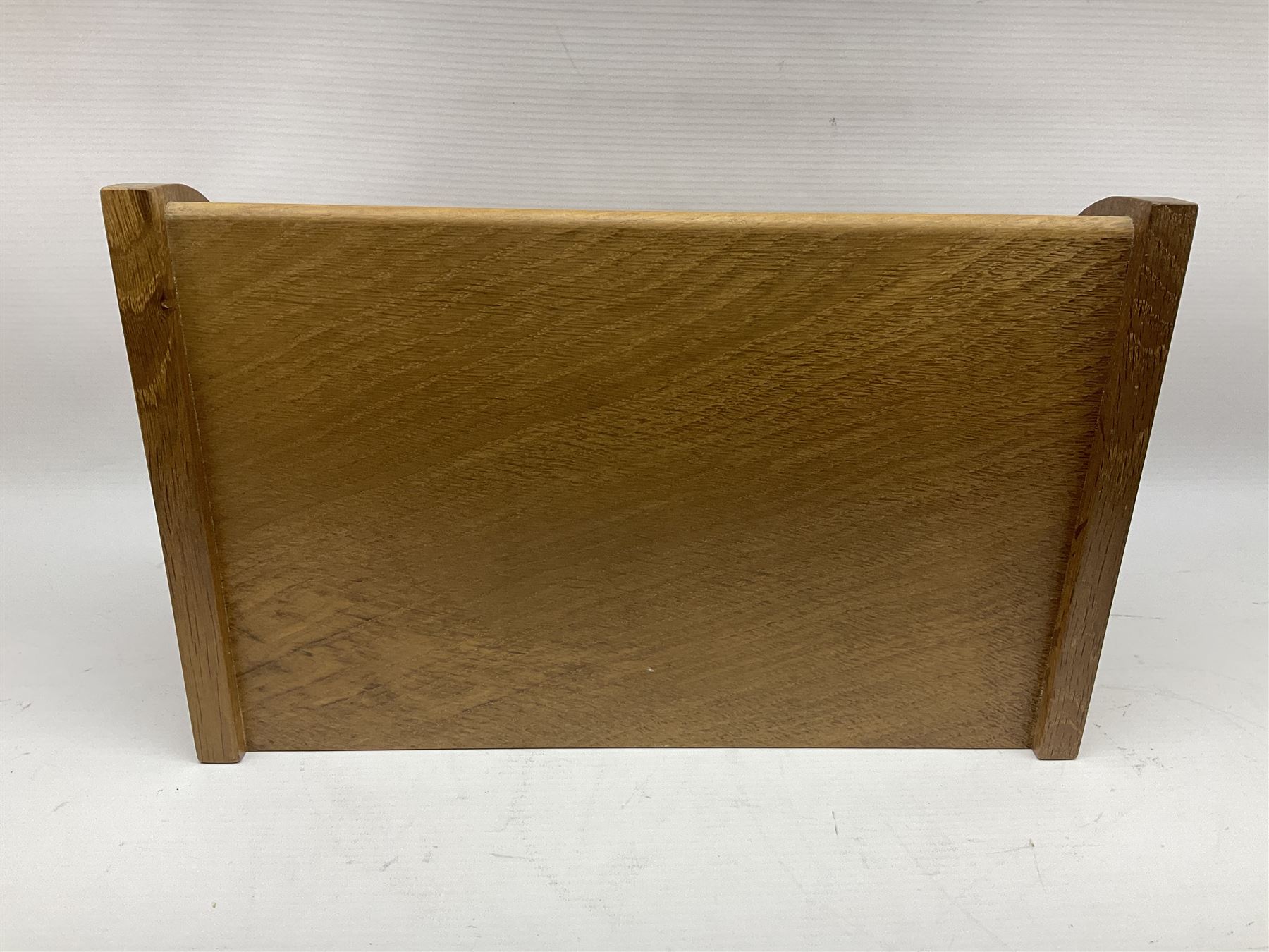 Mouseman - oak letter rack, shaped end supports enclosing three divisions, carved with mouse signature, by the workshop of Robert Thompson, Kilburn