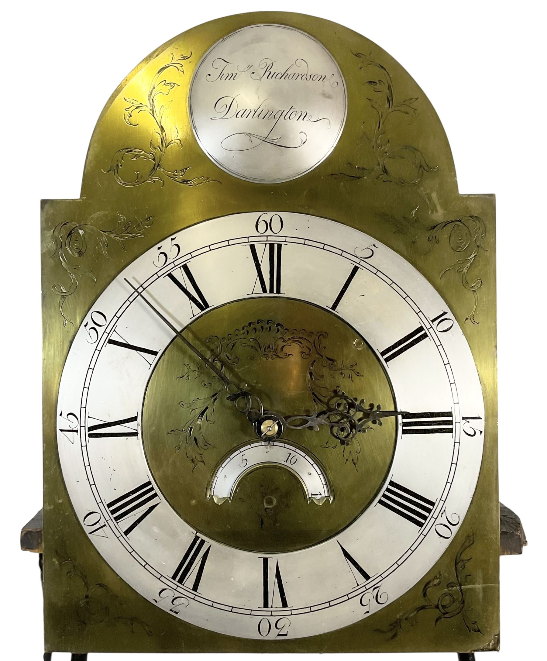 Timothy Richardson of Darlington-late 18th century 30hr longcase clock movement and dial c 1780, break arch brass dial with engraved spandrels, engraved dial centre and date aperture, silvered boss to the arch with makers name and place of work, with a silvered chapter, Roman numerals, five minute Arabic's, minute track and original steel hands, dial pinned directly to a chain driven movement with a recoil anchor escapement and outside countwheel strike, sounding the hours on a cast bell. With weight and pendulum. Dial 12