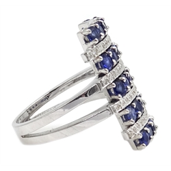  Sapphire and diamond curved panel, white gold ring, stamped 750  