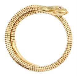 9ct gold snake bangle, with ruby set eyes, Chester 1958