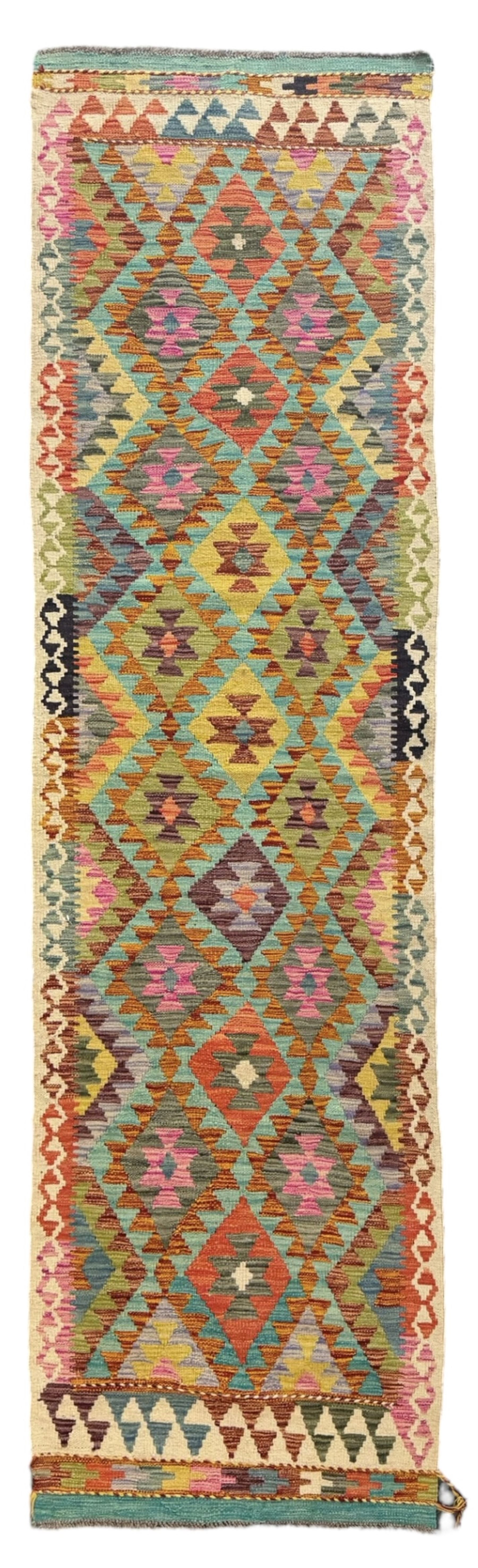 Tibetan-design handwoven rug, deep red field with three central medallions in yellow and blue, traditional yellow key border, white fringes on both ends