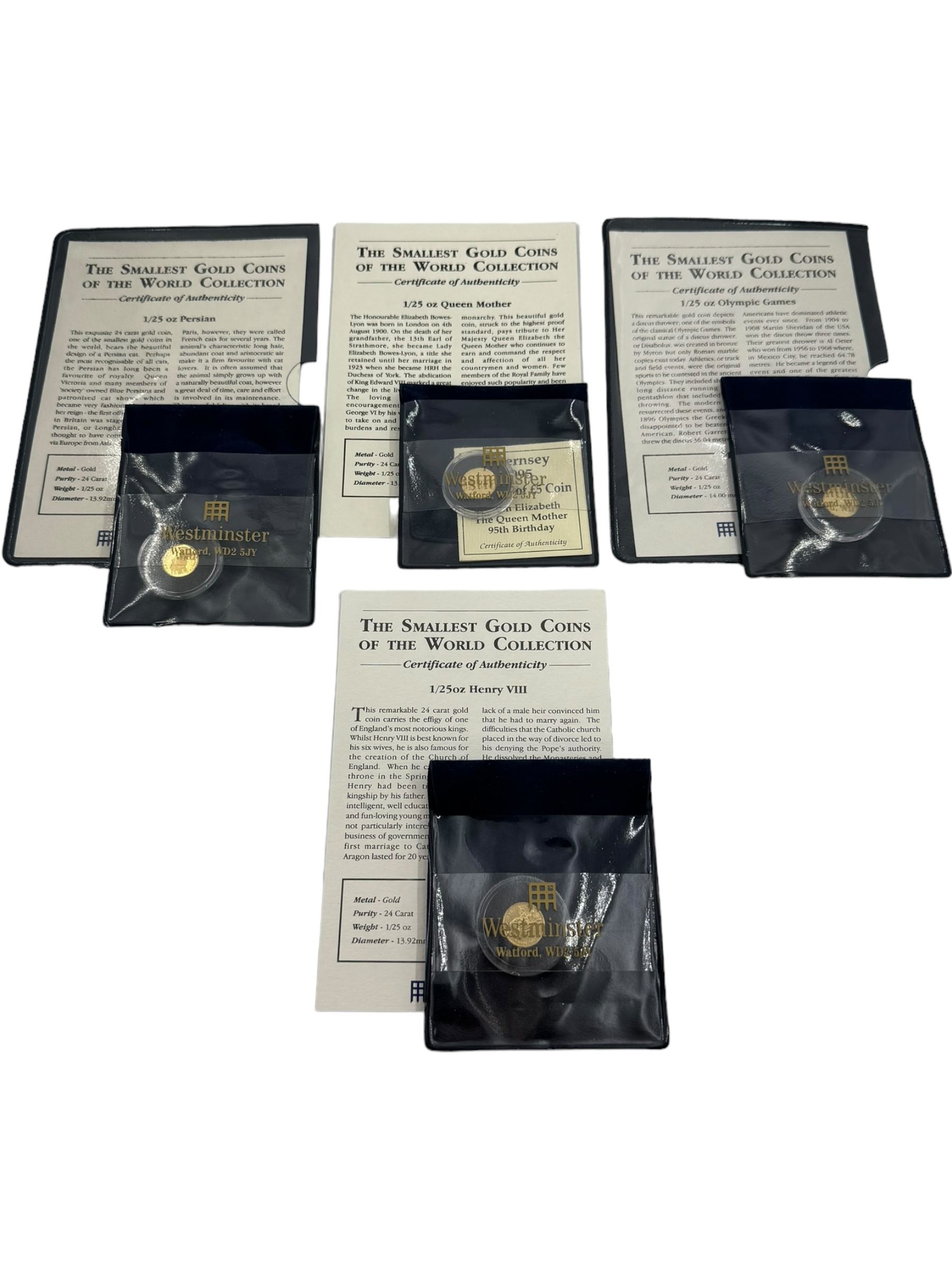 Four one twenty-fifth of an ounce 24 carat gold coins, from 'The Smallest Gold Coins of the World Collection', all with Westminster certificates (4)