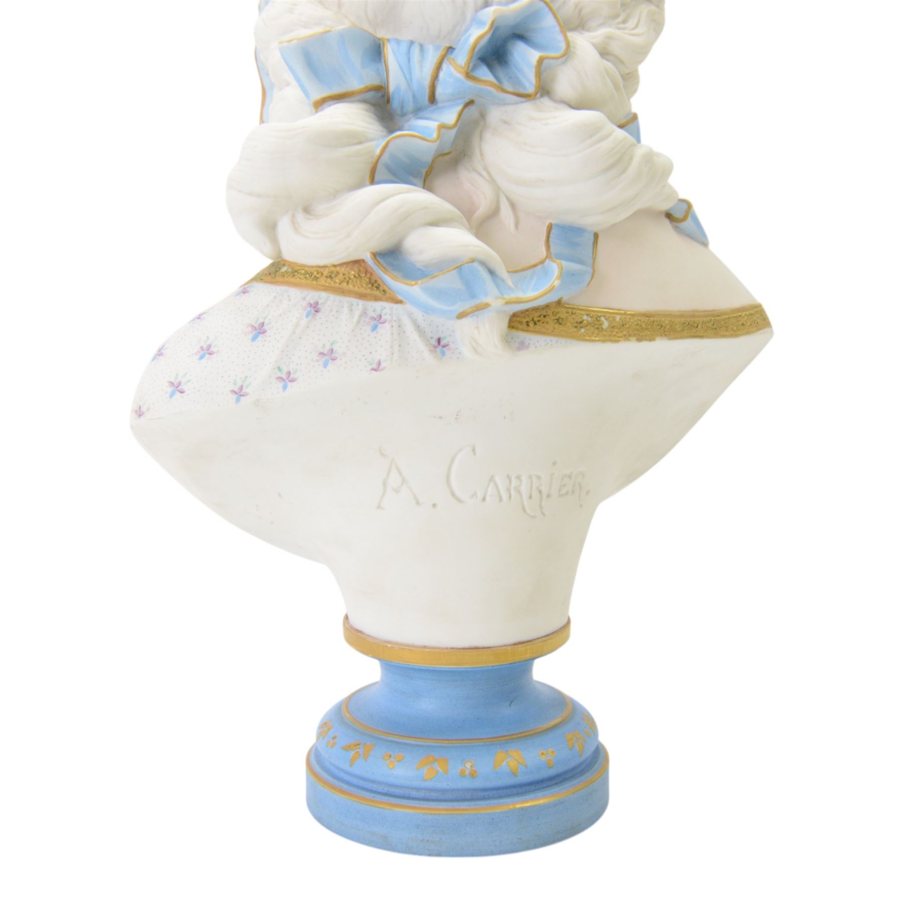 Late 19th century French Limoges bisque porcelain bust, by Henri Ardant, modelled as a young maiden with ribbon and rose in her hair, after A. Carrier, upon a blue socle base entitled 'Souvenir' in gilt, marked beneath, H37cm

