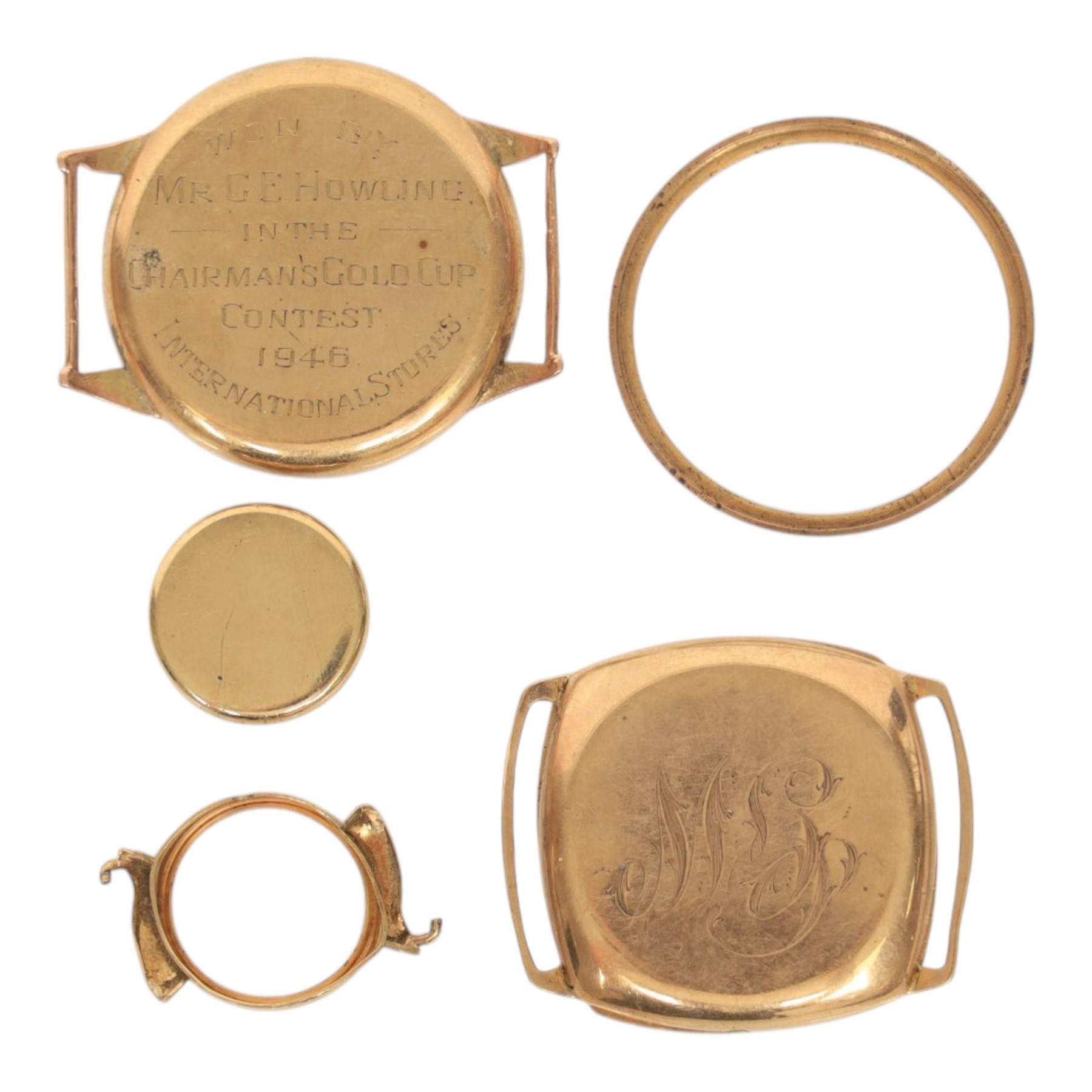 Collection of 9ct gold wristwatch cases, three with movements, one with 9ct gold bracelet strap