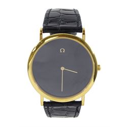 Omega De Ville gentleman's gold-plated gentleman's quartz wristwatch, Ref. 195 0075.2, Cal. 1375, on original black leather strap, boxed