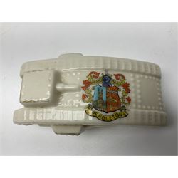 Ten WW1 crested china military models of tanks and field guns; various makers including Goss, Grafton China, Arcadian China, Savoy China etc; various crests including Portsmouth, Brighton, Pendleton, Paignton, Cowes, Flamborough etc (10)