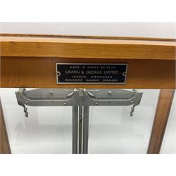 Griffin & George set of laboratory scales in fully glazed hardwood cabinet with rise-and-fall front door L44.5cm H40cm; with beech box of brass weights by Philip Harris & Co Ltd