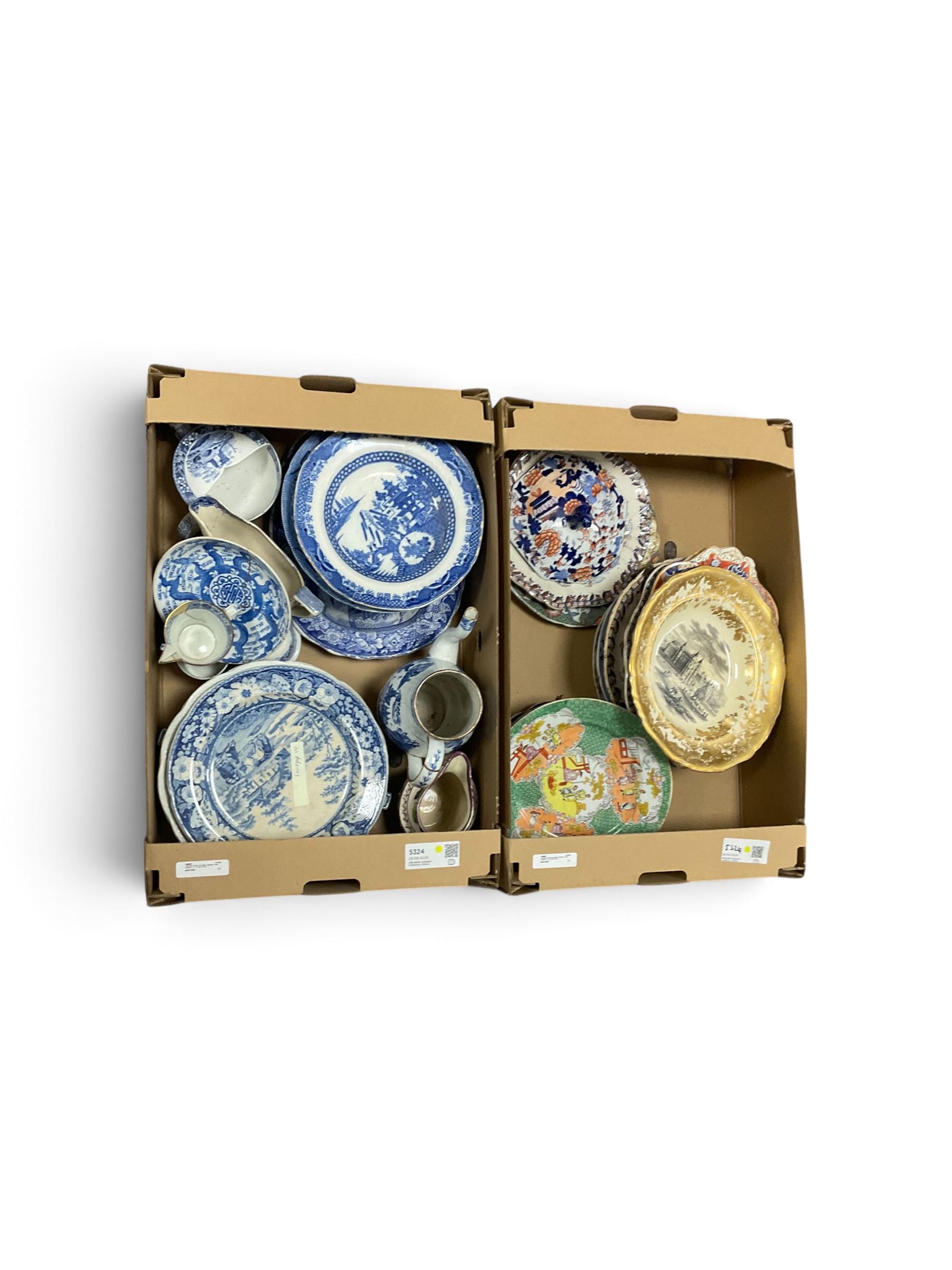 Collection of 19th Century ceramics, including blue and white transfer print ceramics, Mason's and lustre jug, in two boxes 