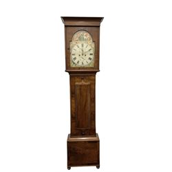 John Cameron & Son of Kilmarnock - late 19th century mahogany longcase clock c1870, with a flat topped pediment and blind frieze beneath, rectangular break arch hood door and sound frets to the hood sides, trunk with canted corners and a convex door with cushion mouldings, on a square plinth raised on turned bun feet, painted dial with a depiction of the abdication of Mary Queen of Scots to the arch and the four regions of the united Kingdom to the spandrels, with Roman numerals, minute track, date and seconds dials and stamped brass hands, dial pinned to a rack striking movement, striking the hours on a bell. With weights and pendulum. 