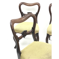  Set six Victorian mahogany dining chairs, shaped cresting rail above carved middle rail, serpentine upholstered seats, on shaped moulded supports with carved terminals, seat width - 48cm  