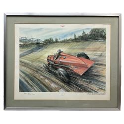 Phil May (British 1925-): 'Full Throttle' depicting Sir Henry (Tim) Birkin BT taking the outer-circuit lap record, Brooklands 1932, limited edition colour print signed and numbered 2/500 in pencil 34cm x 44cm