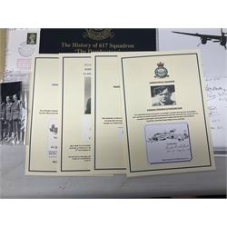 Dambusters 617 Squadron memorabilia - three signed photographs of Lancaster aircraft in flight, group photograph, copy of Vickers-Armstongs letter and drawing from Barnes Wallis, The History of 617 Squadron by Sqn. Ldr. S.J. Hillier, facsimile sets of signatures, FDCs, sheet music, Richard Todd signed photograph and greeting card, etc