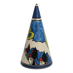 Wedgwood Bizarre by Clarice Cliff, four Conical Sugar shakers, comprising May Avenue, Trees and House, Sliced Circle and Orange Roof Cottage, all with certificates and boxes 