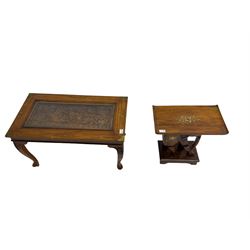 Hardwood coffee table with decorative carving (76cm x 43cm, H43cm), and a side table in the form of an elephant