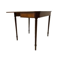 Early 19th century tea table, rectangular fold-over top with rounded corners, the frieze and sides inlaid with satinwood panels, double gate-leg action base, on reeded supports 