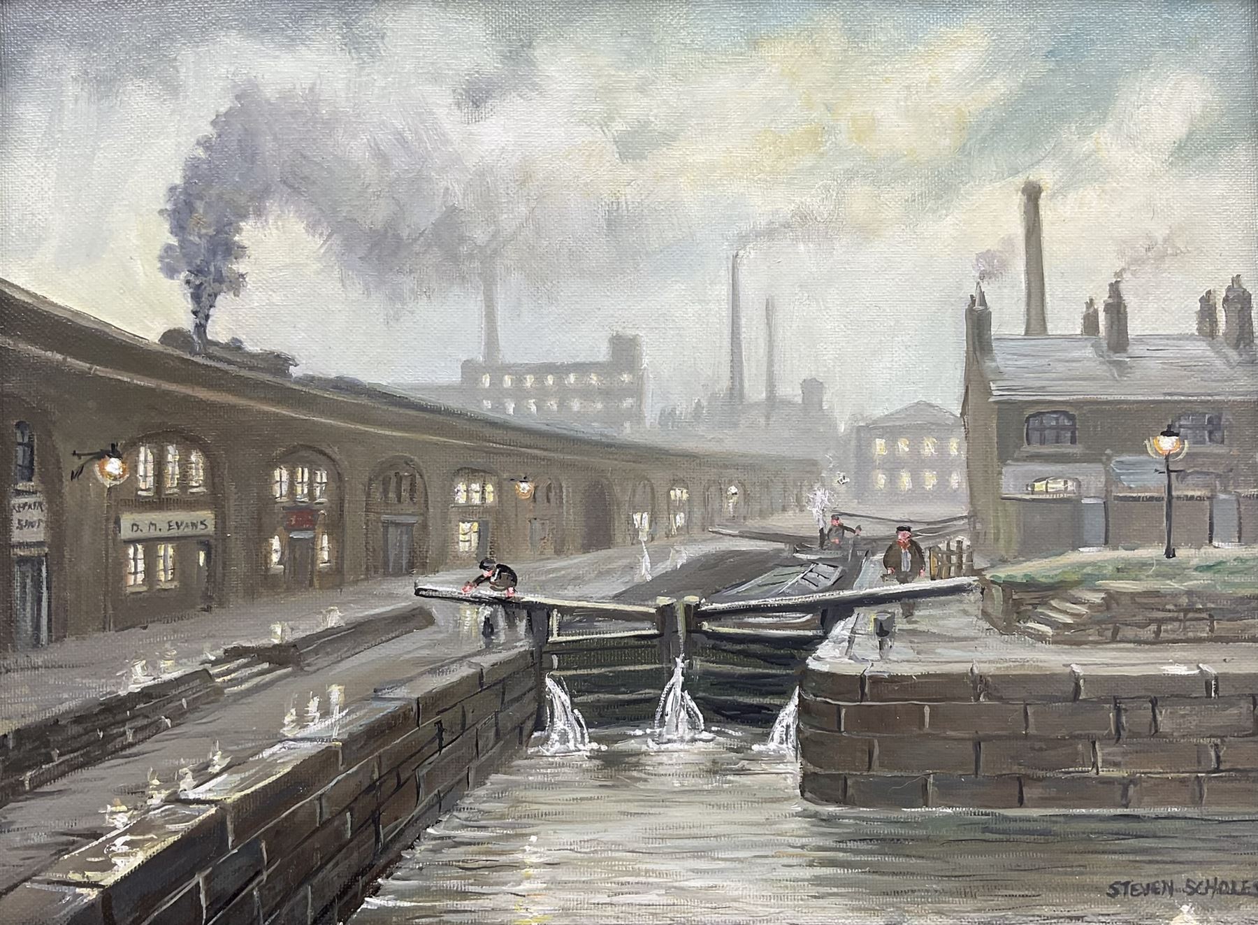 Steven Scholes (Northern British 1952-): 'Bridgewater Canal - Castle Field Manchester 1938', oil on canvas signed, titled verso 30cm x 40cm