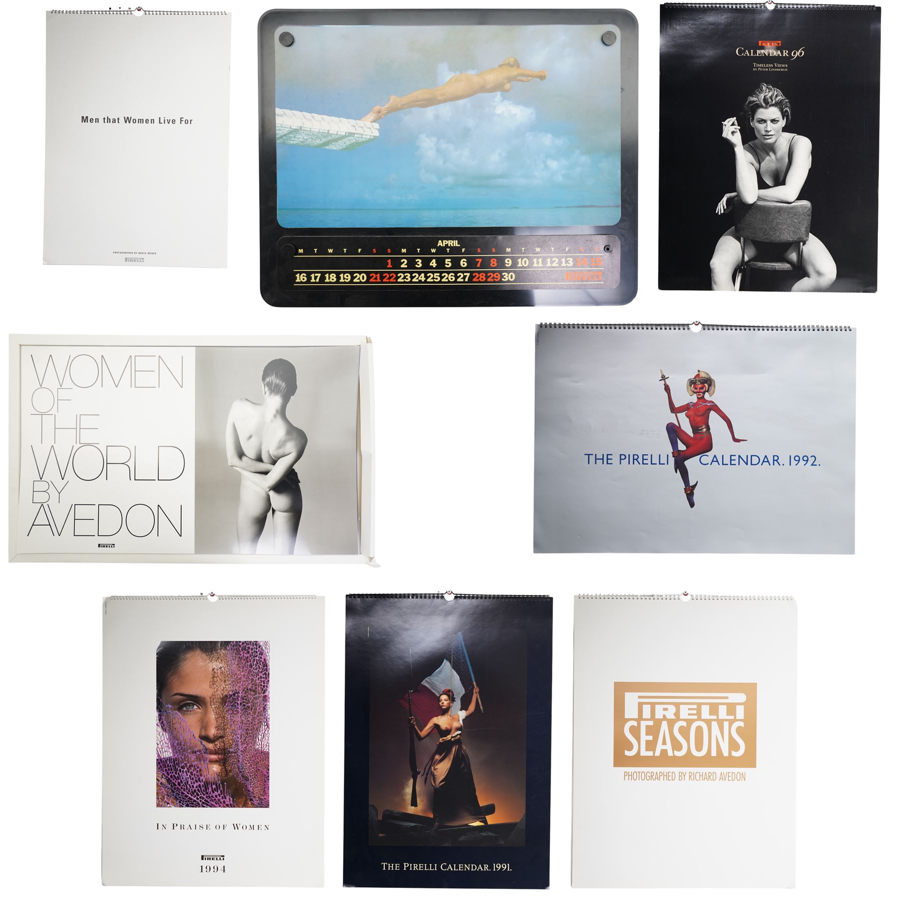 Eight Pirelli calendars, comprising 1998, 1995, 1991, 1994, 1997, 1992 and 1996, and another adjustable undated (8)